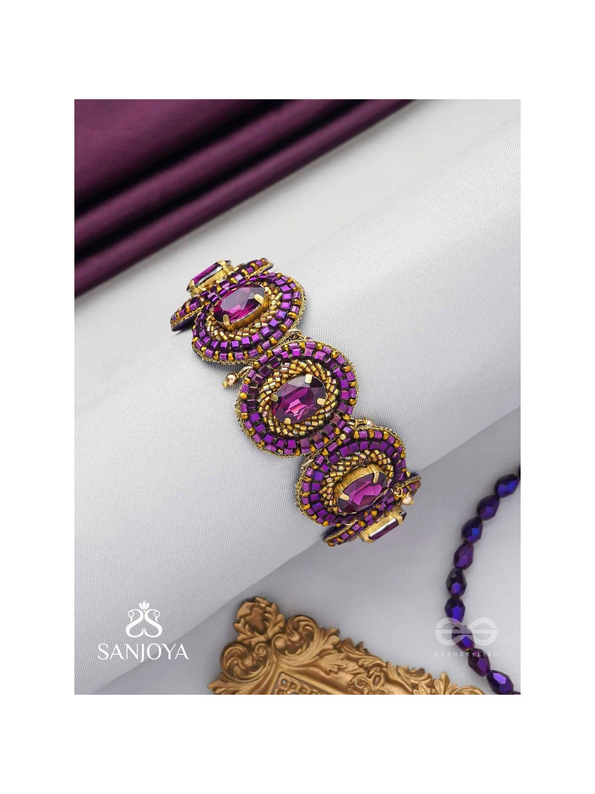 Ruksavarna - The Lustrous Amethyst - Stone, Beads And Cut Dana Hand Embroidered Cuff Bracelet