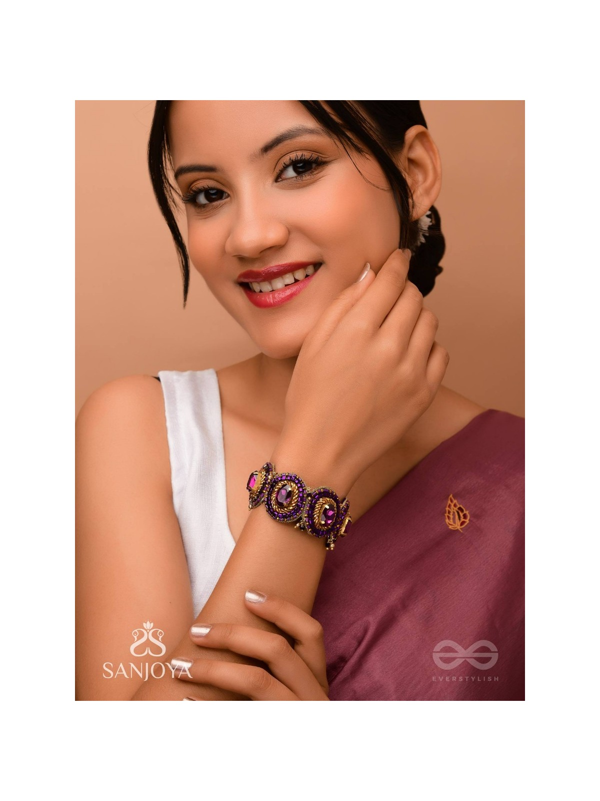 Ruksavarna - The Lustrous Amethyst - Stone, Beads And Cut Dana Hand Embroidered Cuff Bracelet