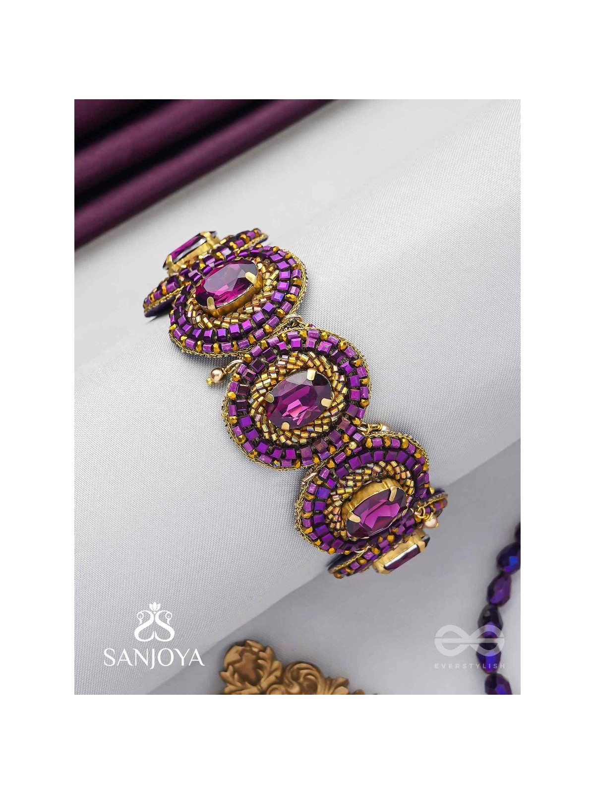 Ruksavarna - The Lustrous Amethyst - Stone, Beads And Cut Dana Hand Embroidered Cuff Bracelet