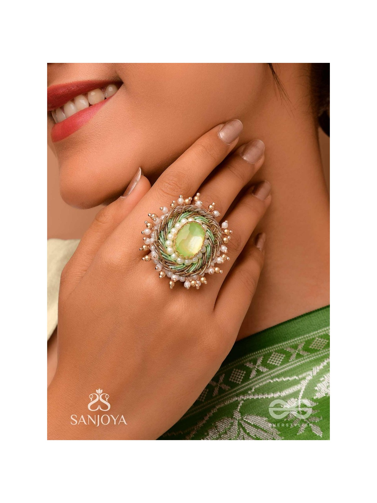 Dyutaka - The Enchanted Forest - Stone And Beads Hand Embroidered Ring (Adjustable)