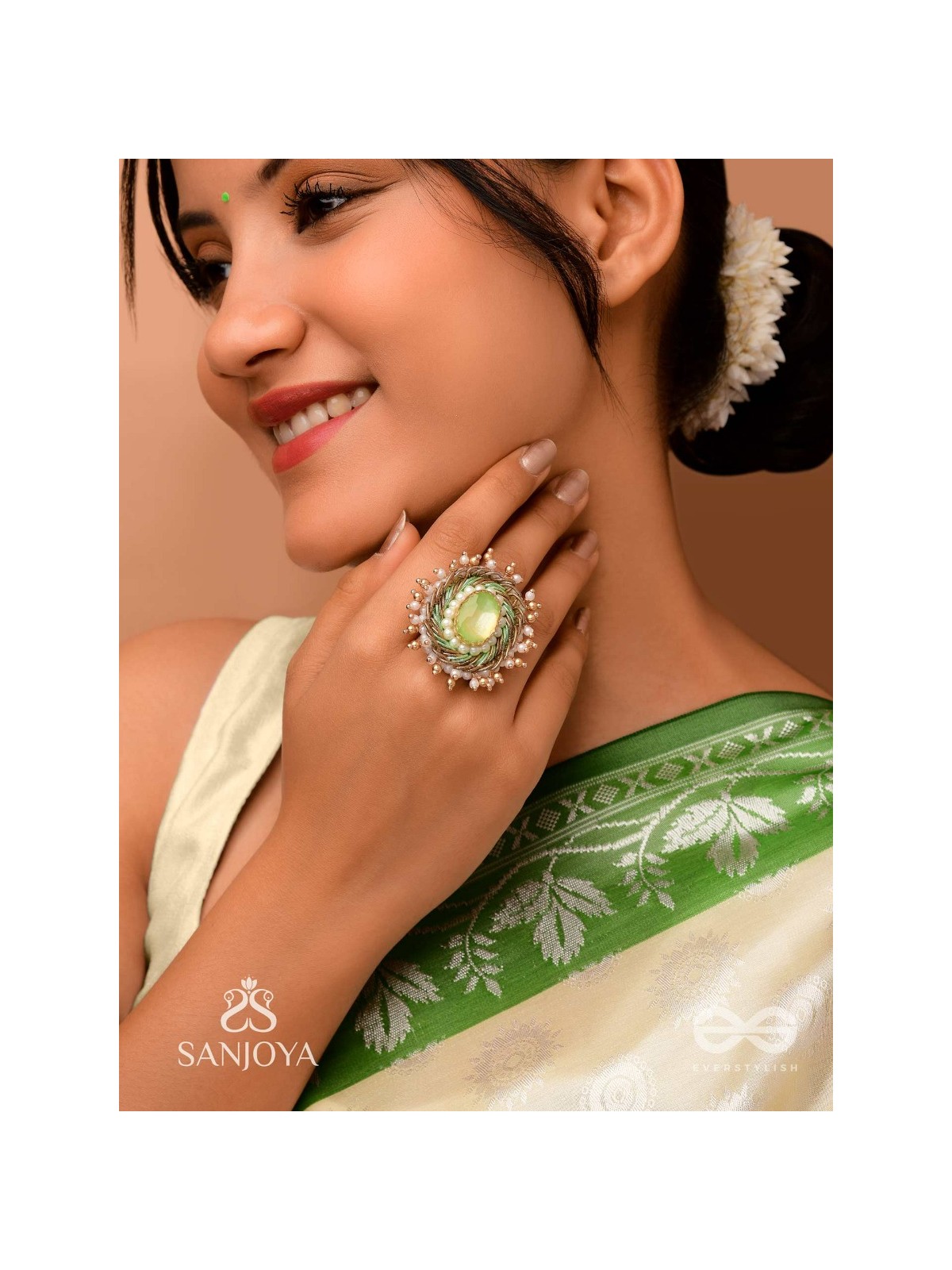 Dyutaka - The Enchanted Forest - Stone And Beads Hand Embroidered Ring (Adjustable)