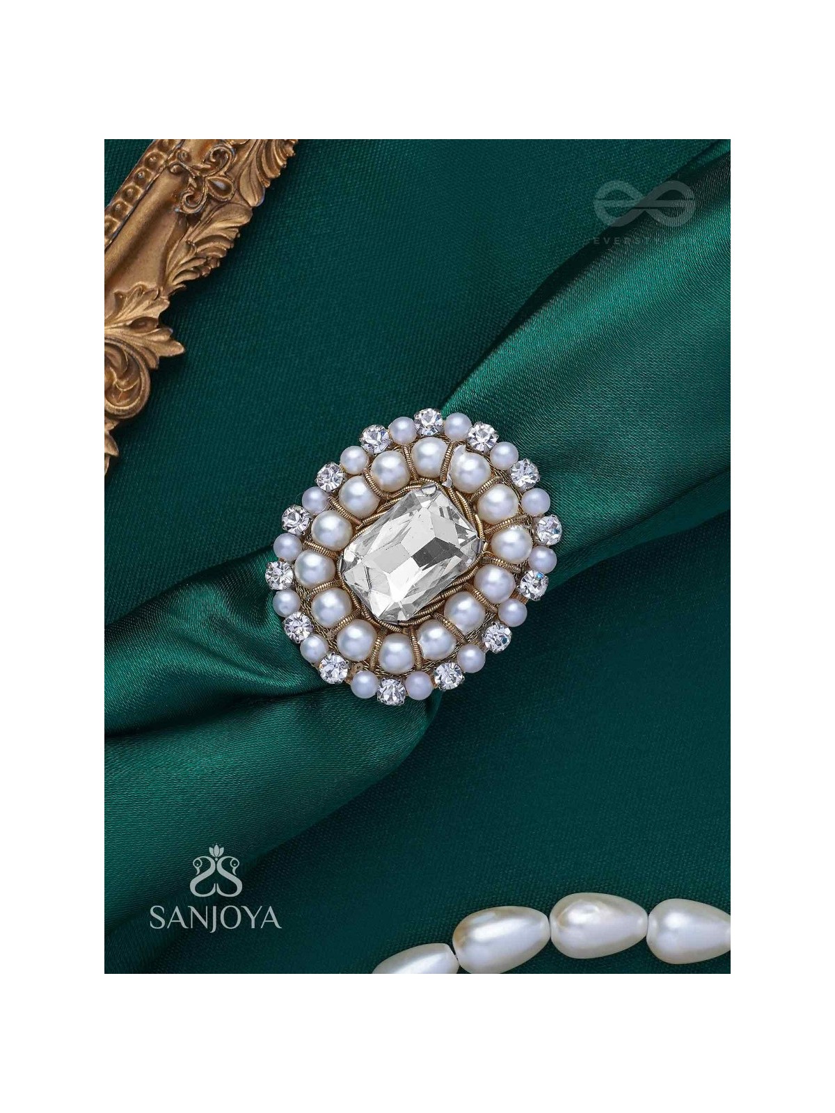 Indukamala - Moonlit Pearl Majesty - Stone And Pearls Hand Embroidered Ring