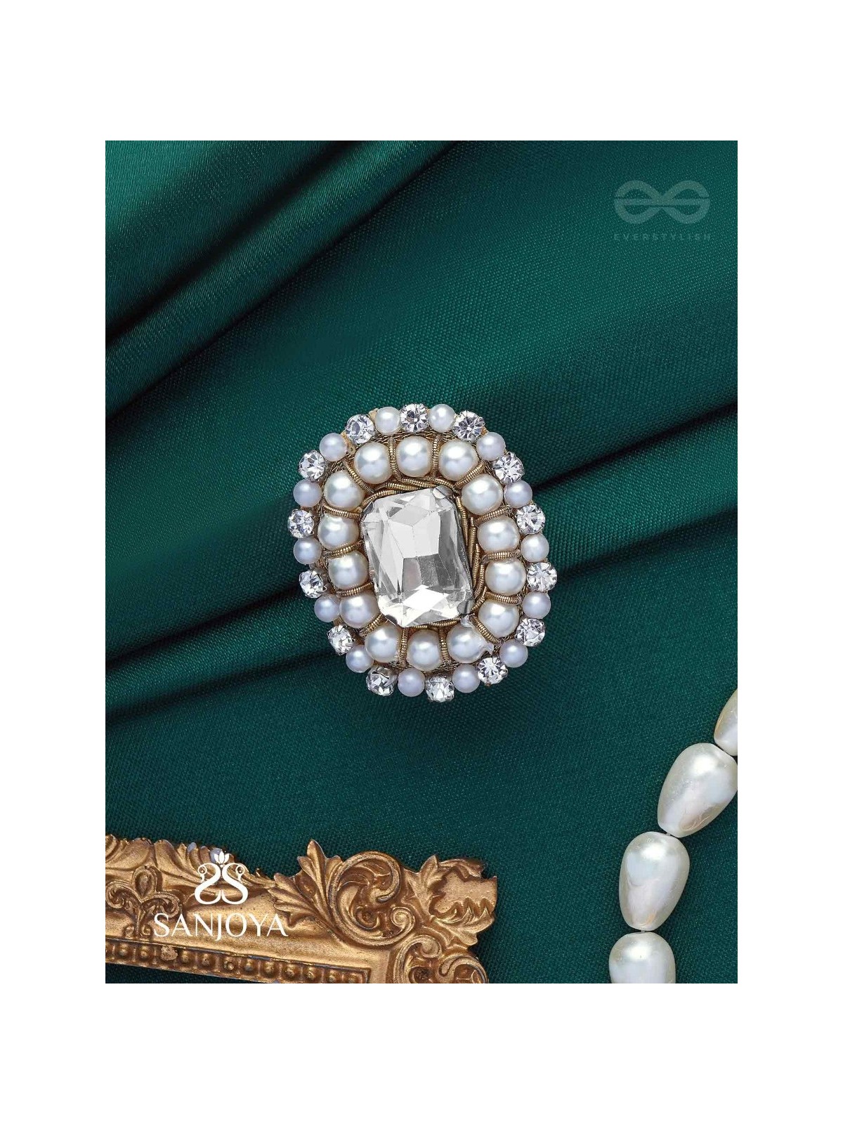 Indukamala - Moonlit Pearl Majesty - Stone And Pearls Hand Embroidered Ring