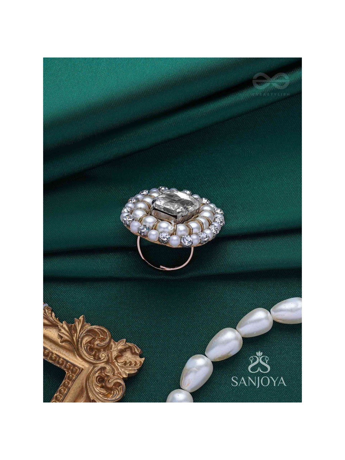 Indukamala - Moonlit Pearl Majesty - Stone And Pearls Hand Embroidered Ring