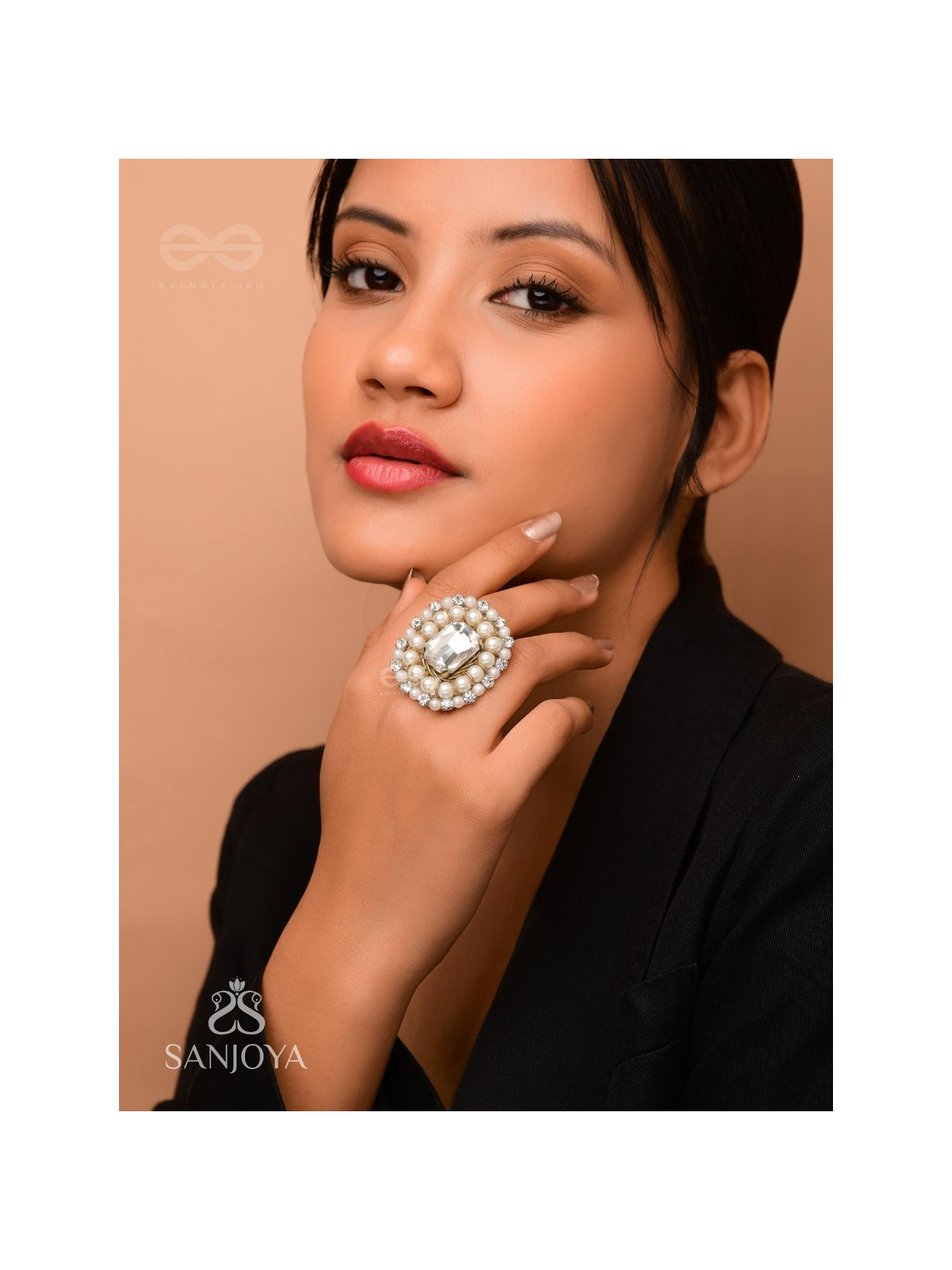 Indukamala - Moonlit Pearl Majesty - Stone And Pearls Hand Embroidered Ring