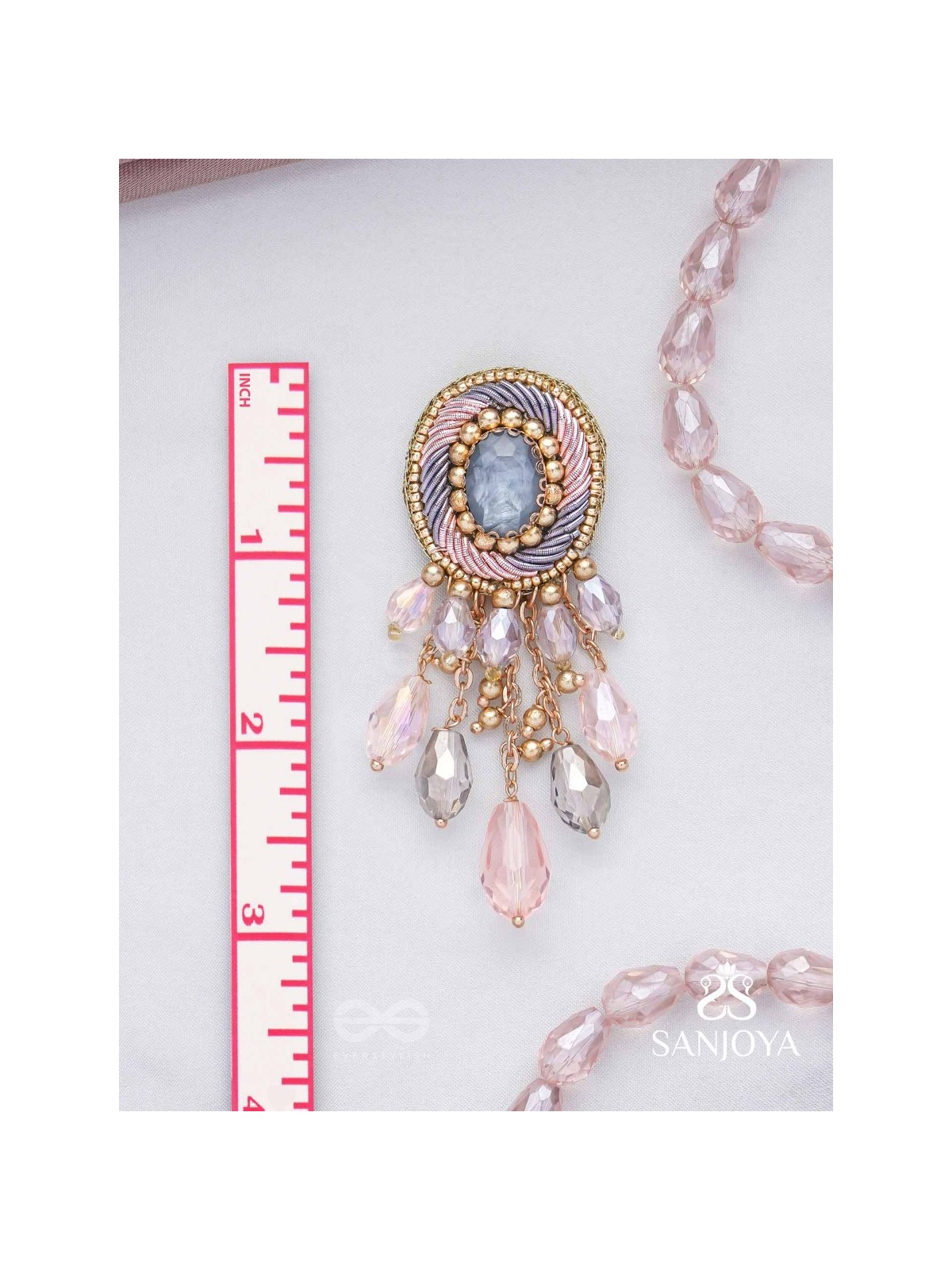 Ahraya - The Pink Fog - Stone, Beads And Glass Drop Hand Embroidered Earrings