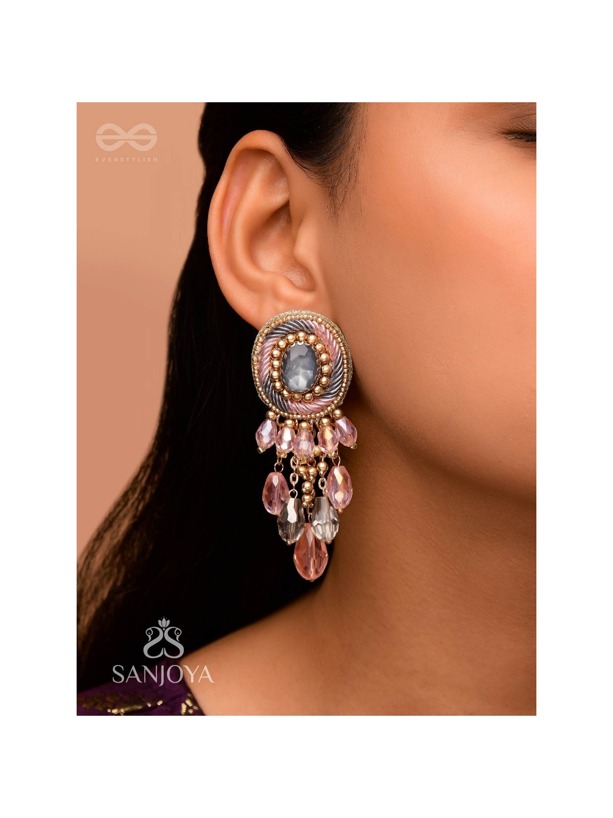 Ahraya - The Pink Fog - Stone, Beads And Glass Drop Hand Embroidered Earrings