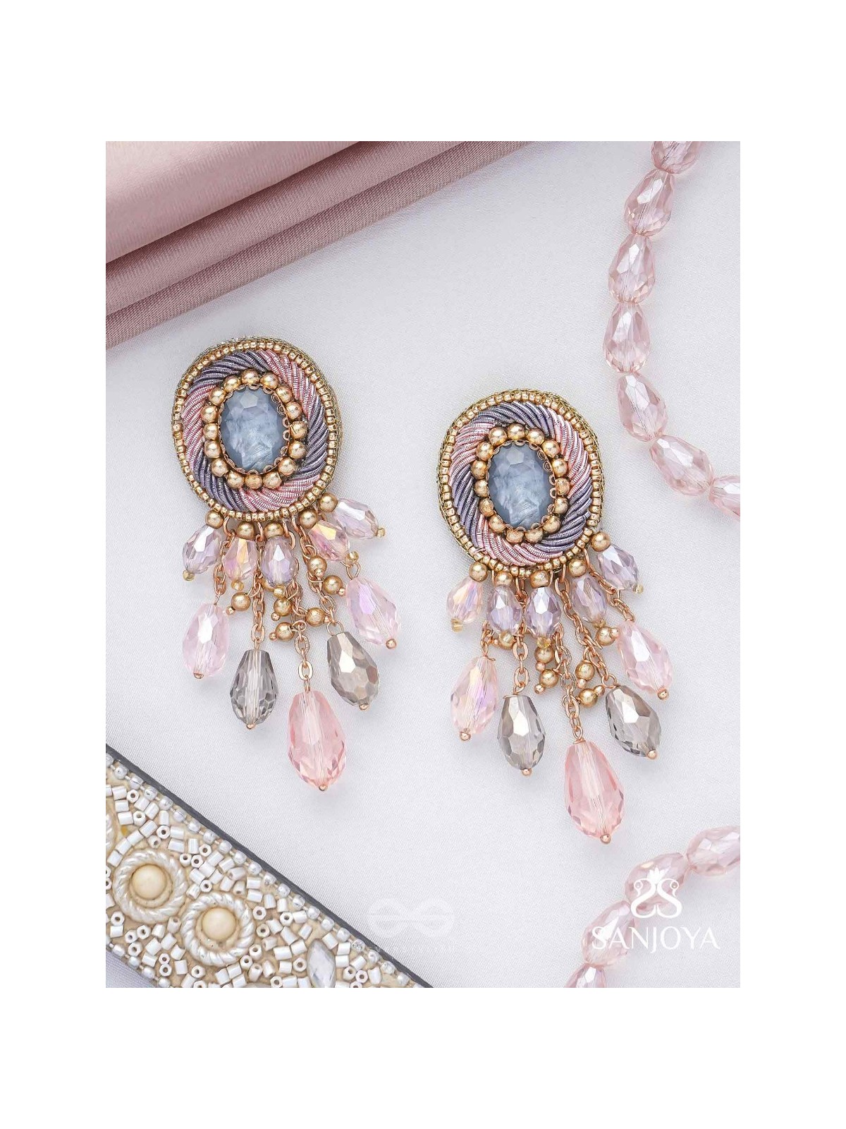 Ahraya - The Pink Fog - Stone, Beads And Glass Drop Hand Embroidered Earrings