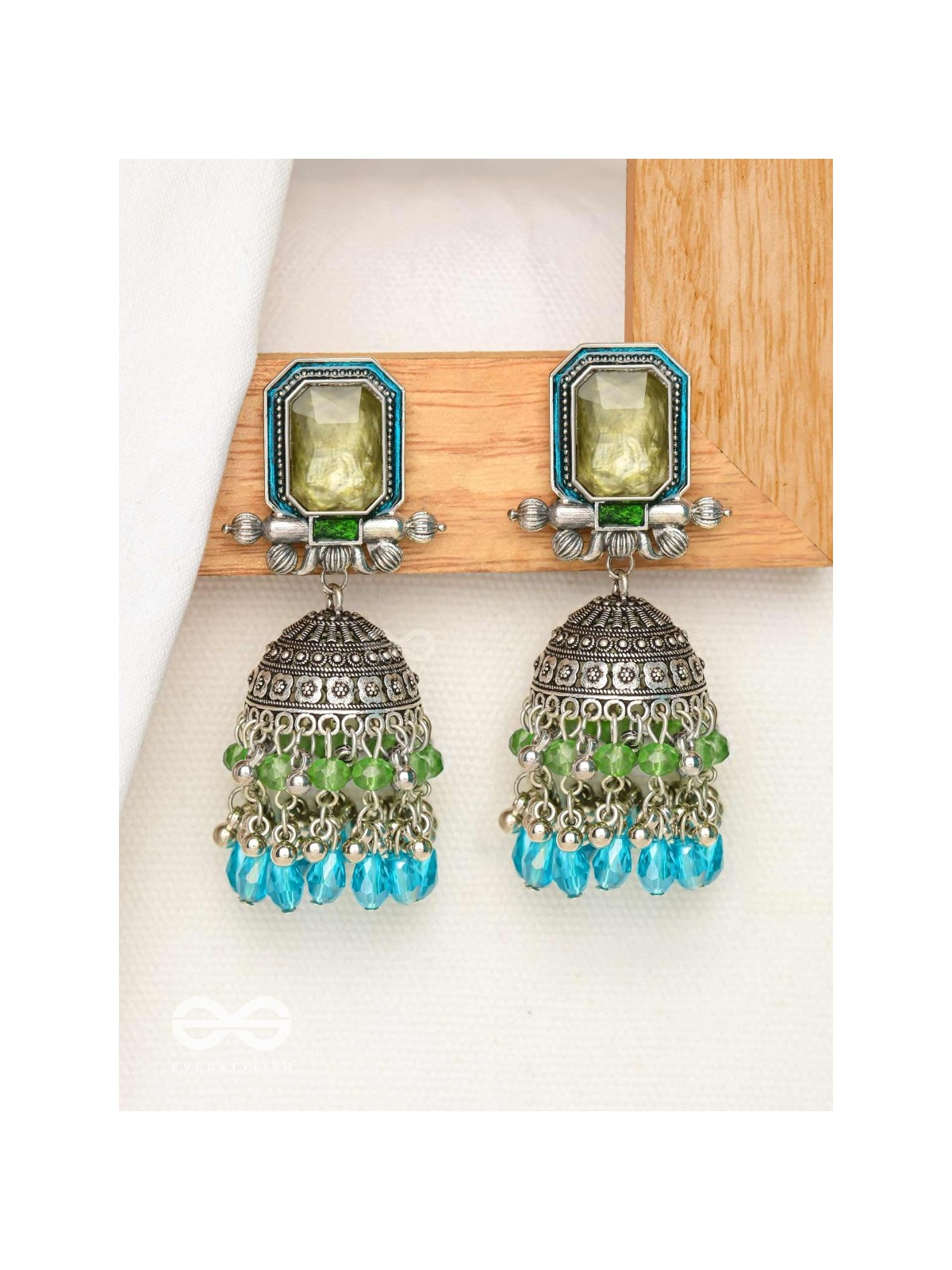 The Aqua Enchantments - Statement Embellished And Enamelled Oxidised Jhumka Earrings
