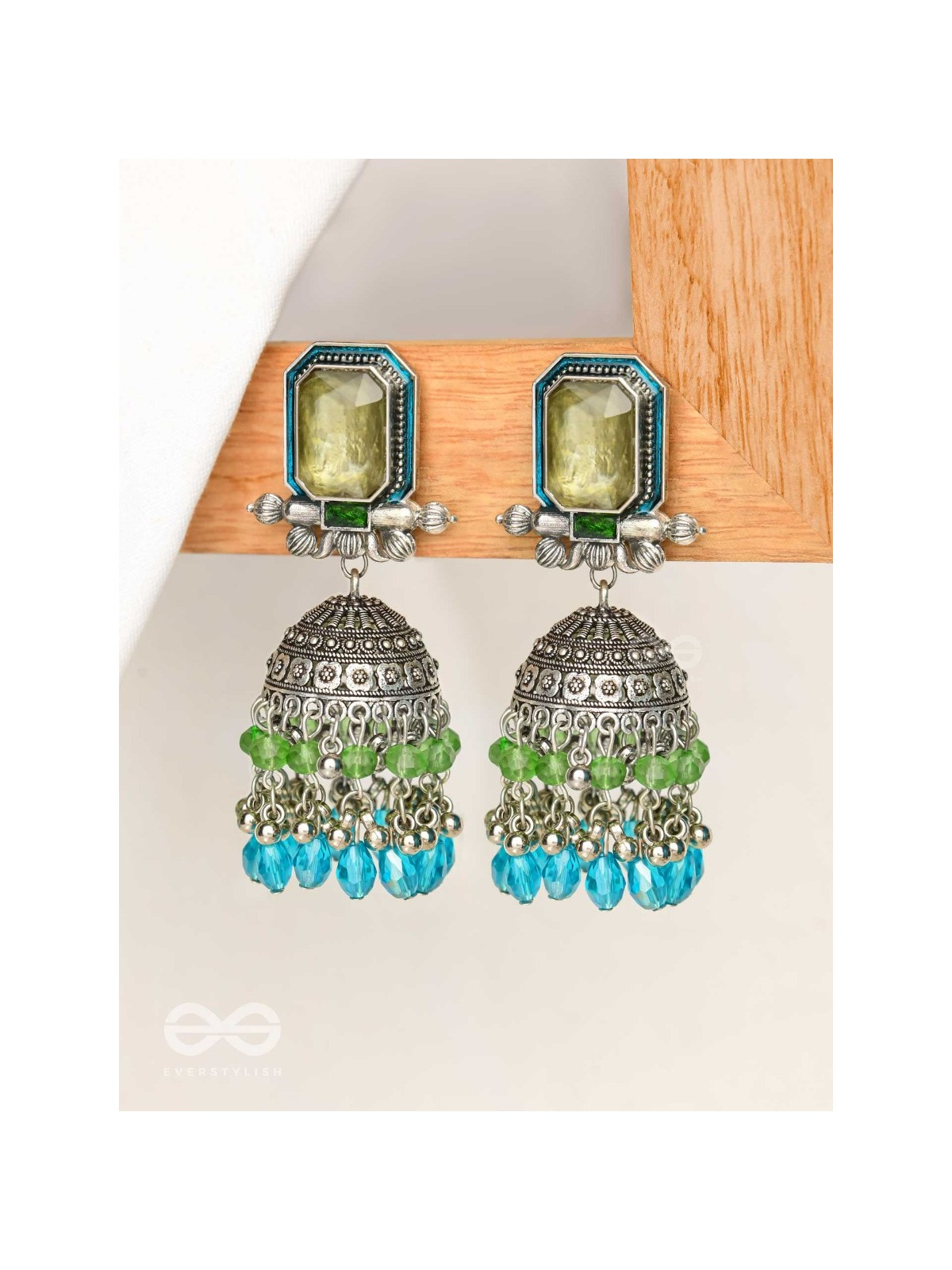 The Aqua Enchantments - Statement Embellished And Enamelled Oxidised Jhumka Earrings