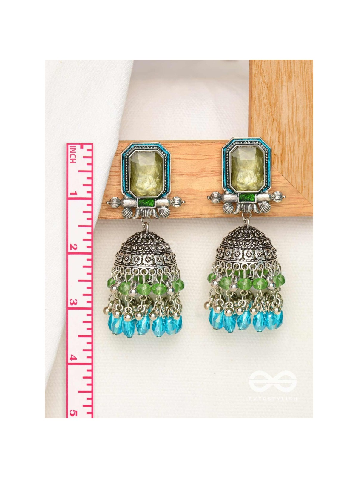 The Aqua Enchantments - Statement Embellished And Enamelled Oxidised Jhumka Earrings