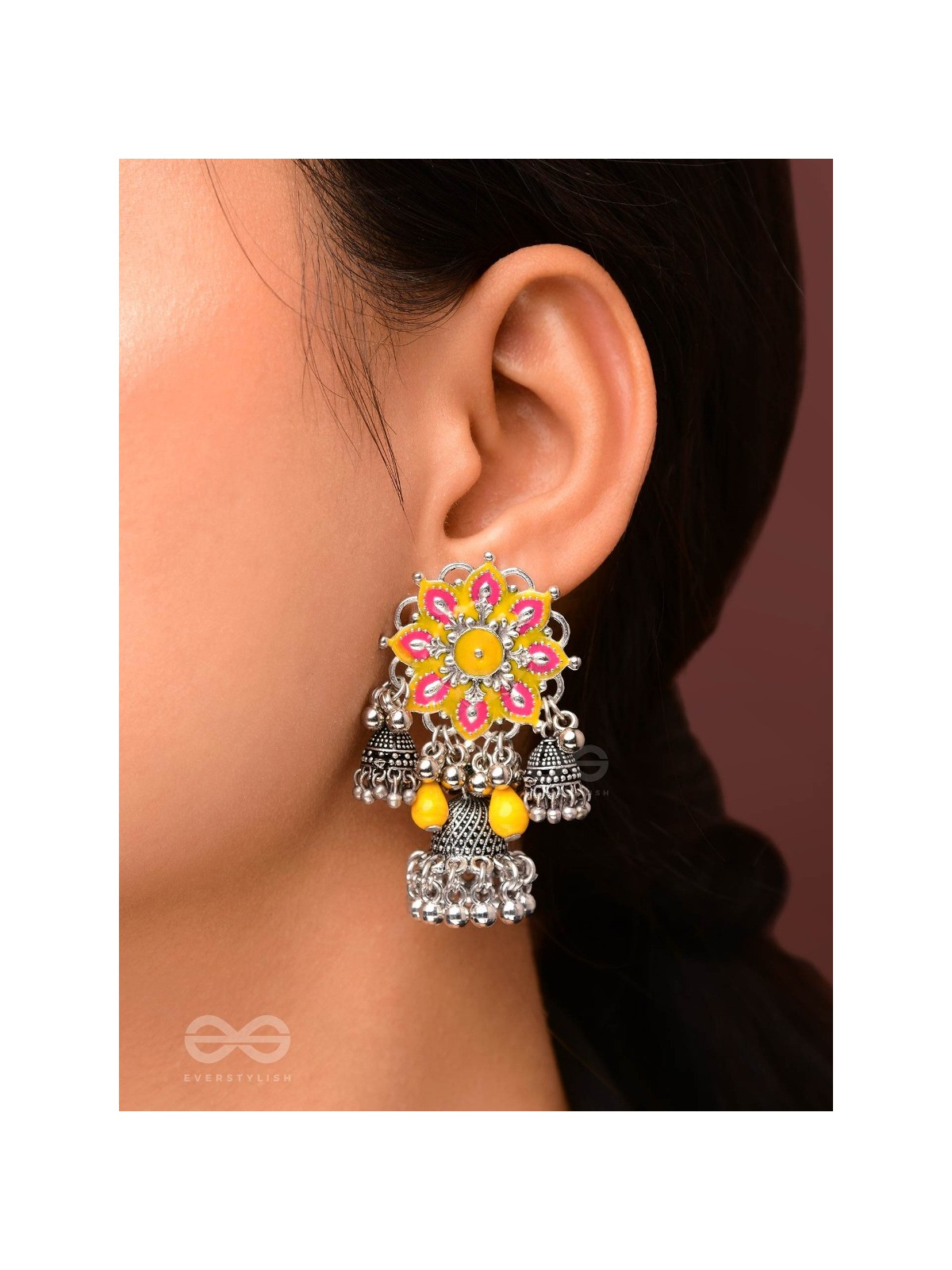 The Sunburst Bloom - Statement Enamelled Oxidised Jhumka Earrings