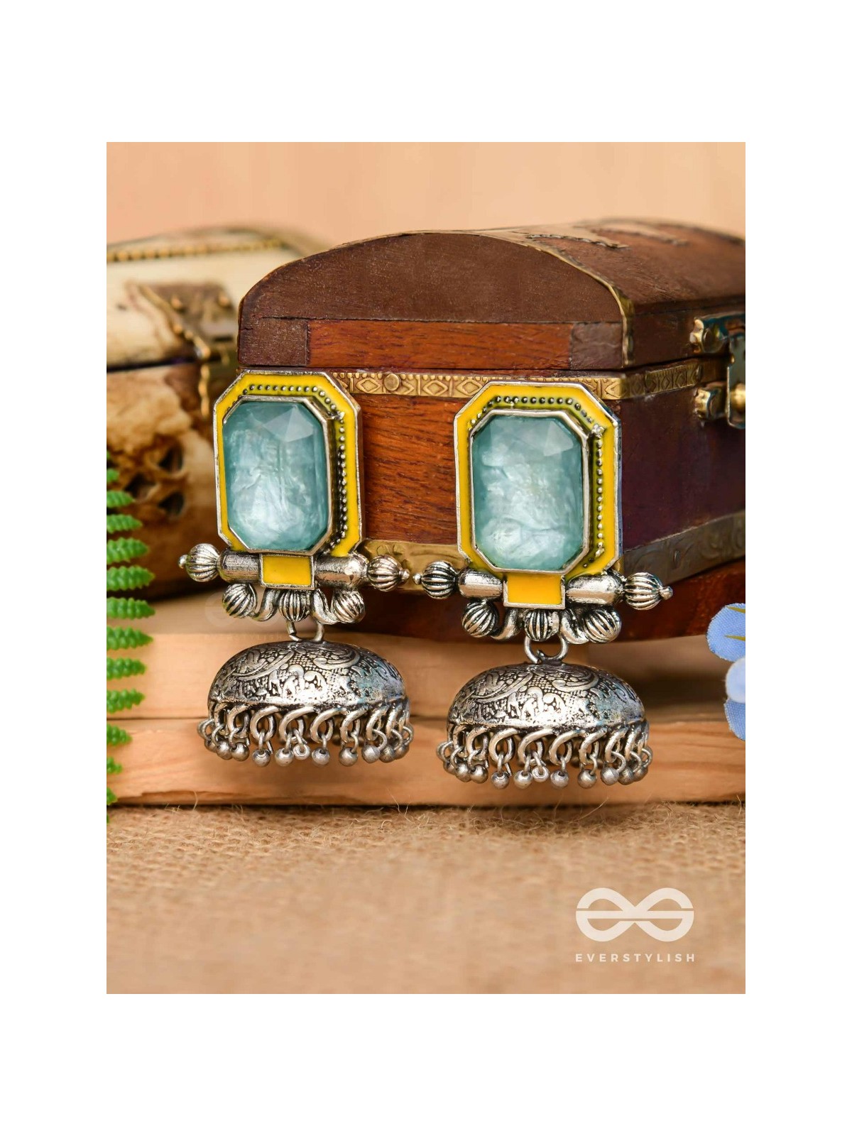 The Sunny Breeze - Embellished And Enamelled Oxidised Jhumka Earrings