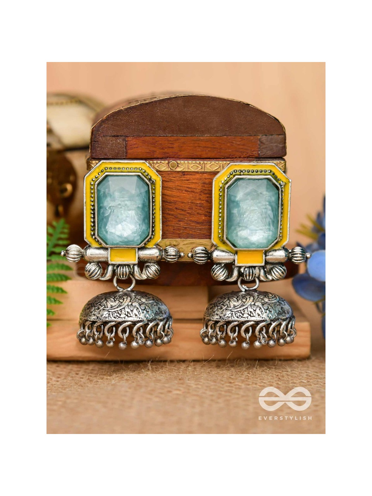 The Sunny Breeze - Embellished And Enamelled Oxidised Jhumka Earrings