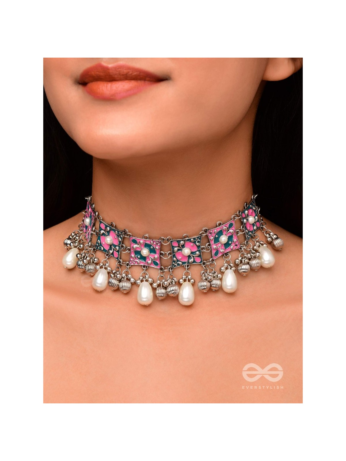 Blushing Blue Haze - Enamelled Oxidised Neckpiece