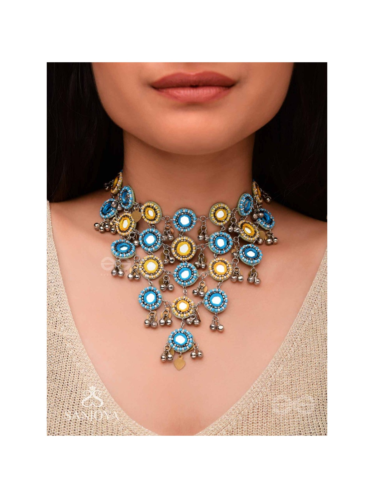 Parigha - The Cloud Line - Beads And Mirror Hand Embroidered Oxidised Neckpiece