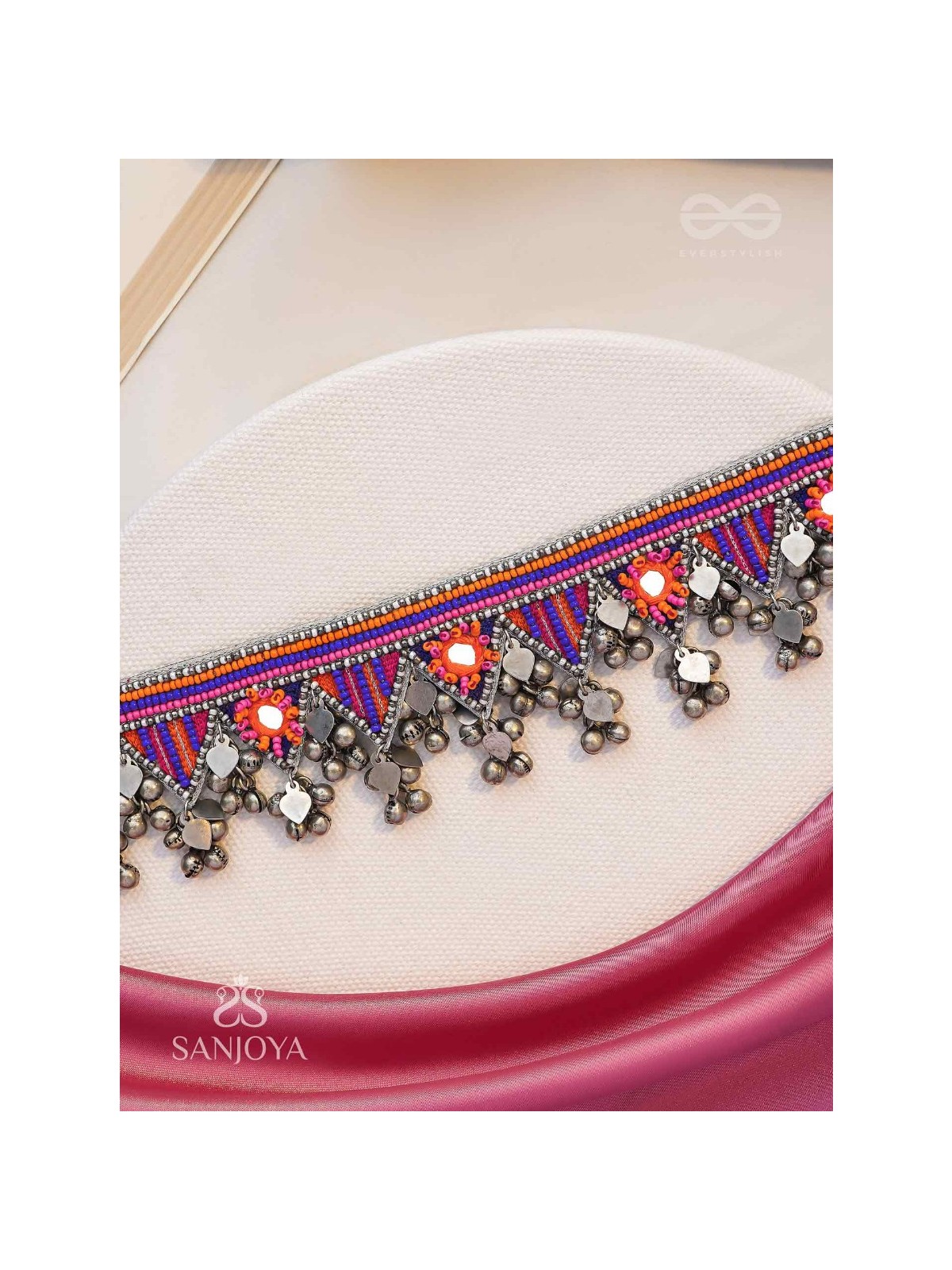 Sunarda - Amber Horizon - Mirror And Beads Hand Embroidered Oxidised Neckpiece