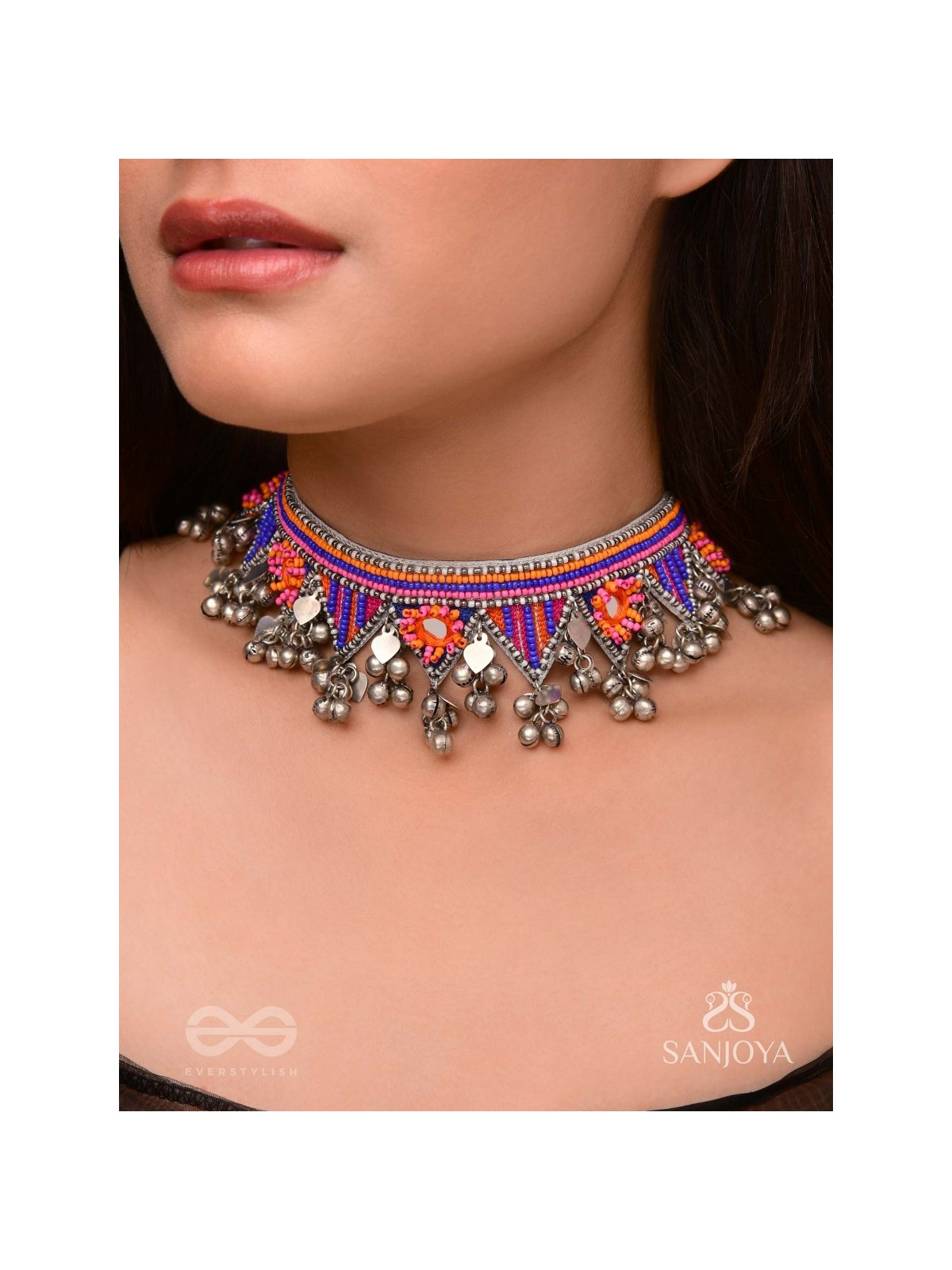 Sunarda - Amber Horizon - Mirror And Beads Hand Embroidered Oxidised Neckpiece