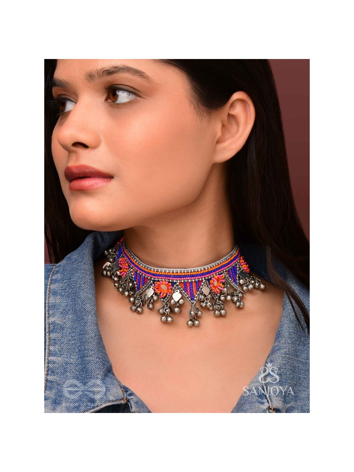 Sunarda - Amber Horizon - Mirror And Beads Hand Embroidered Oxidised Neckpiece