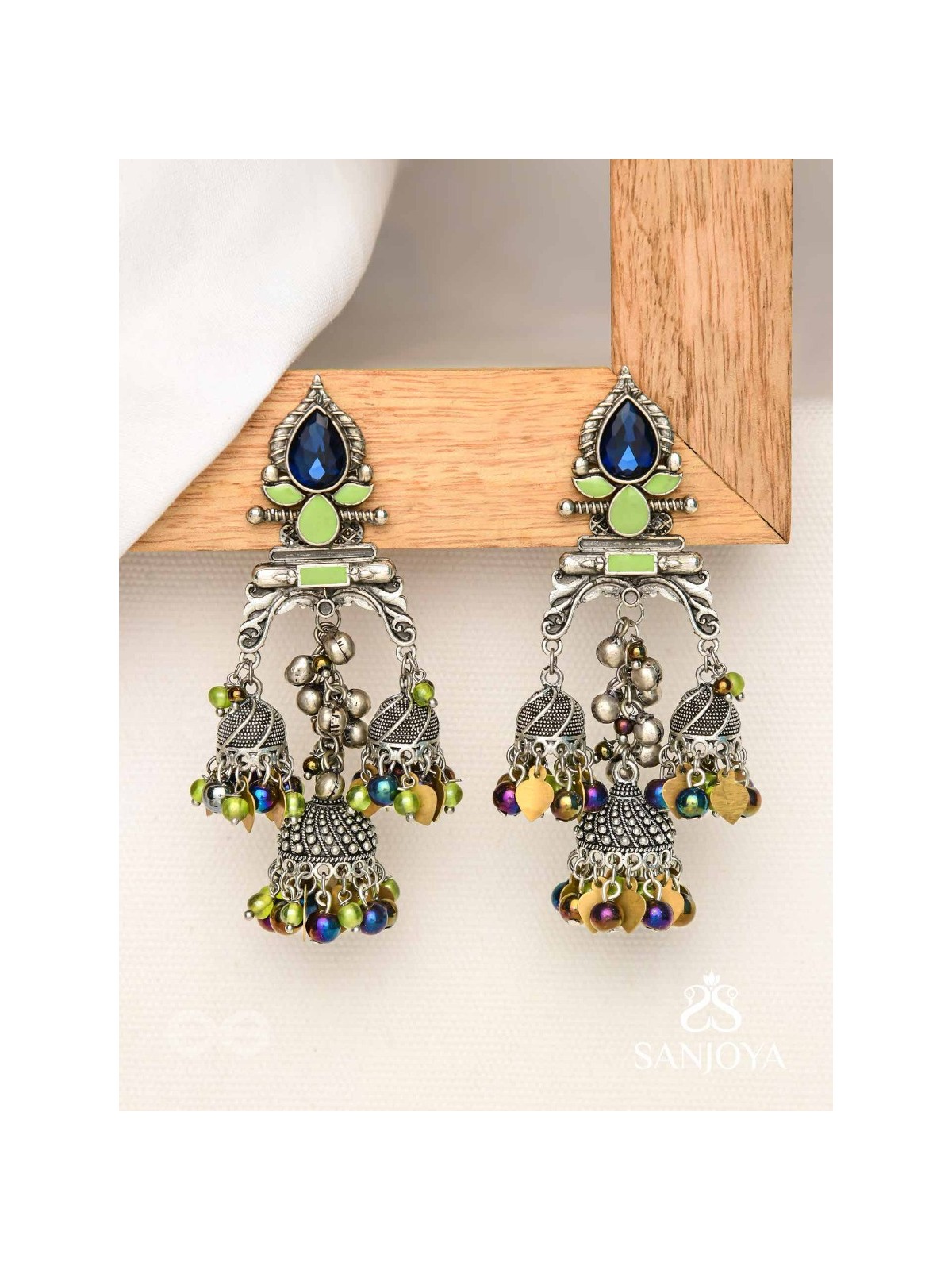 The Peacock Hues - Stone And Beads Enamelled Oxidised Earrings