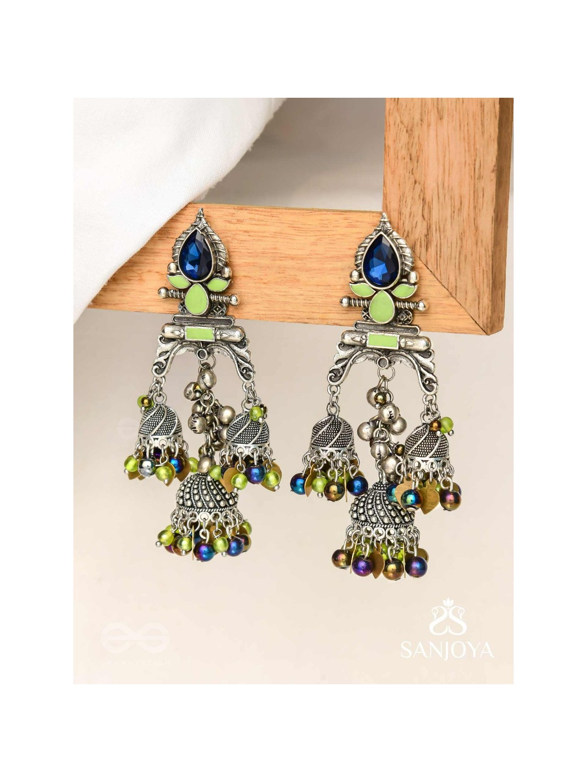 The Peacock Hues - Stone And Beads Enamelled Oxidised Earrings
