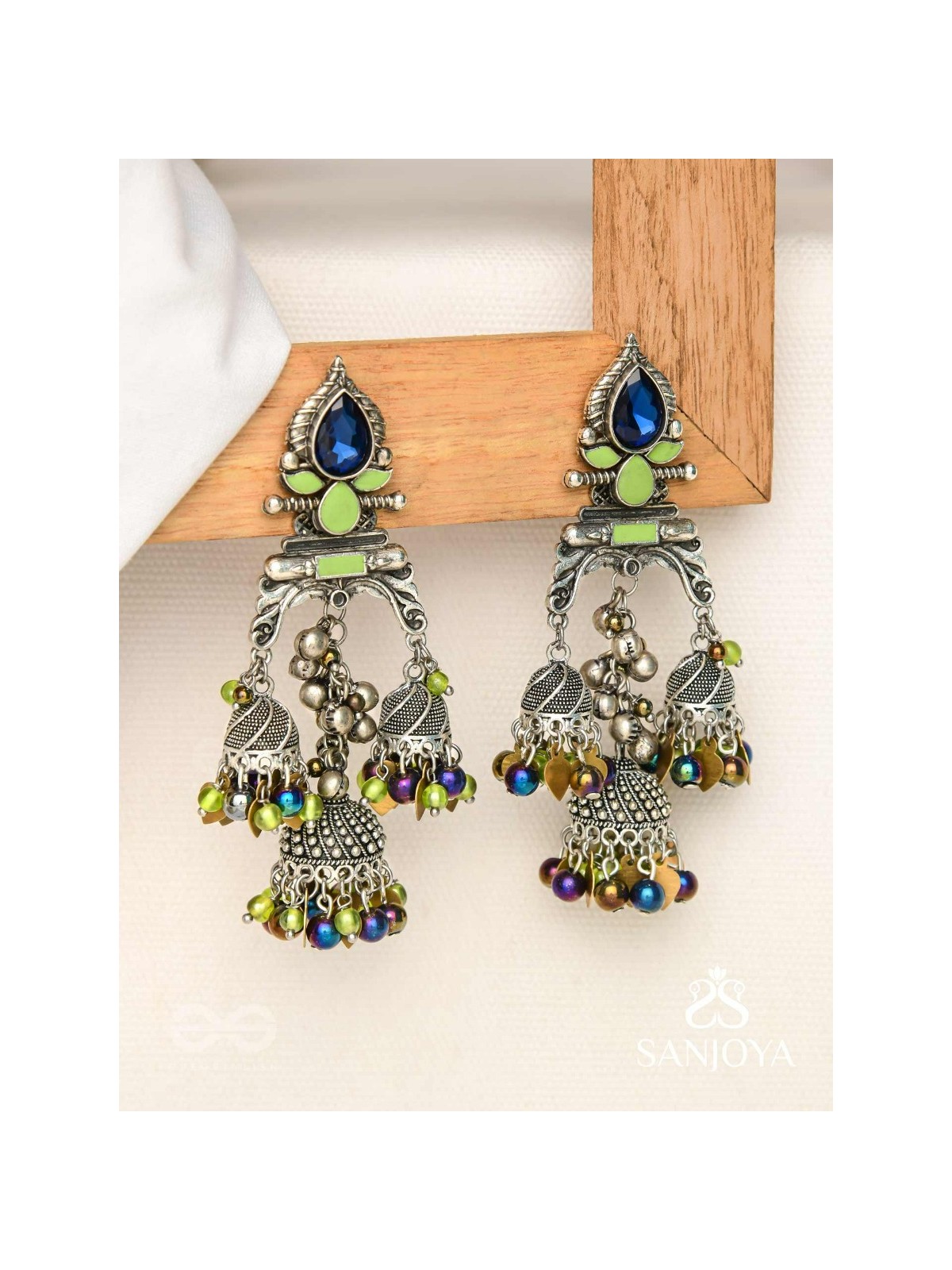 The Peacock Hues - Stone And Beads Enamelled Oxidised Earrings