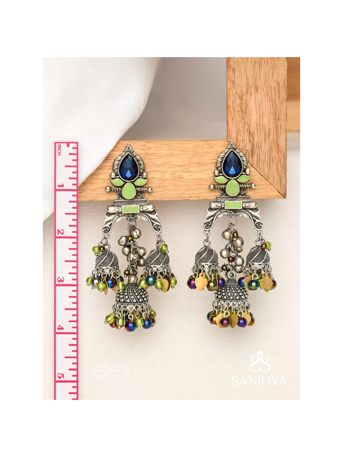 The Peacock Hues - Stone And Beads Enamelled Oxidised Earrings