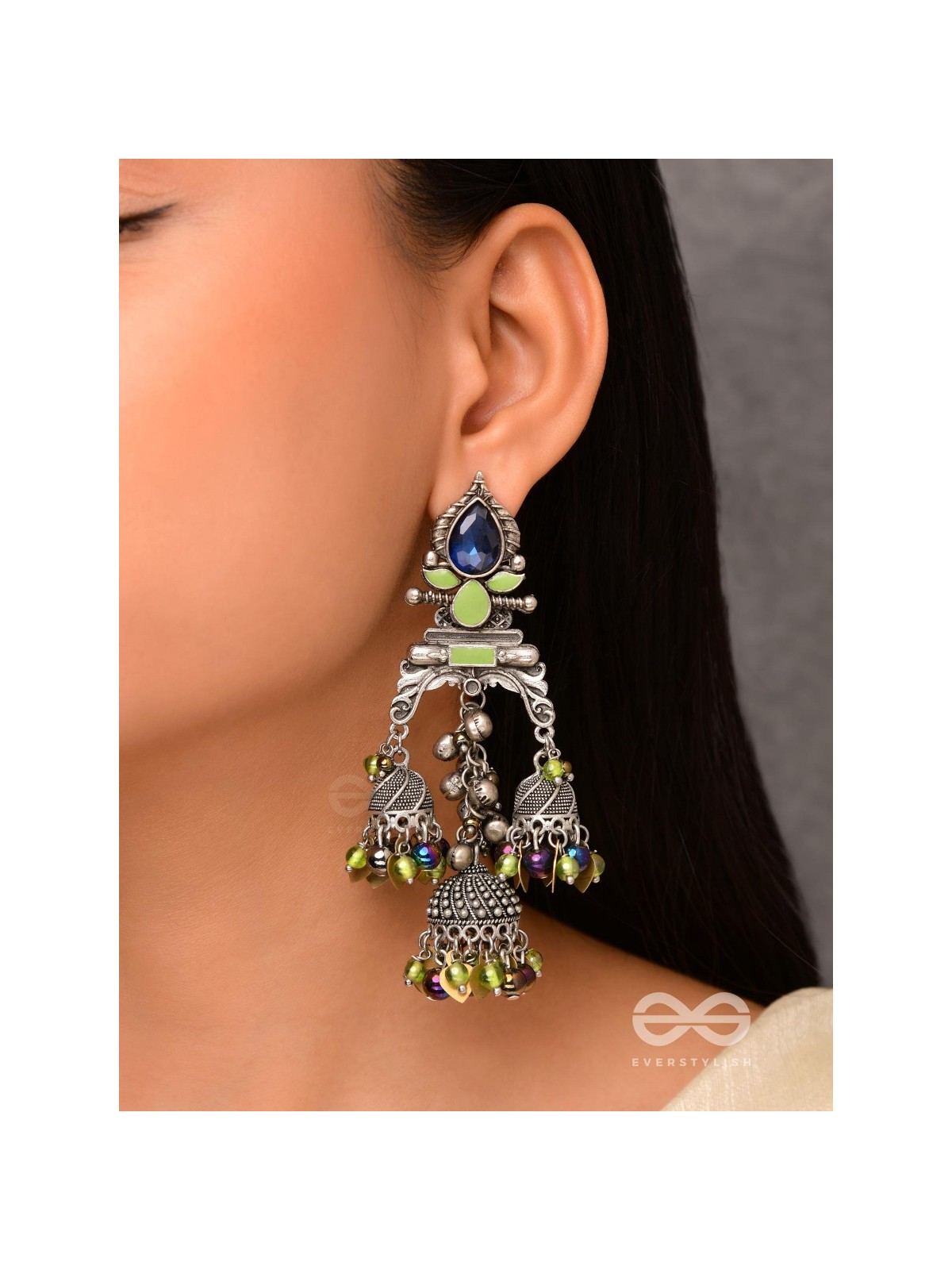 The Peacock Hues - Stone And Beads Enamelled Oxidised Earrings