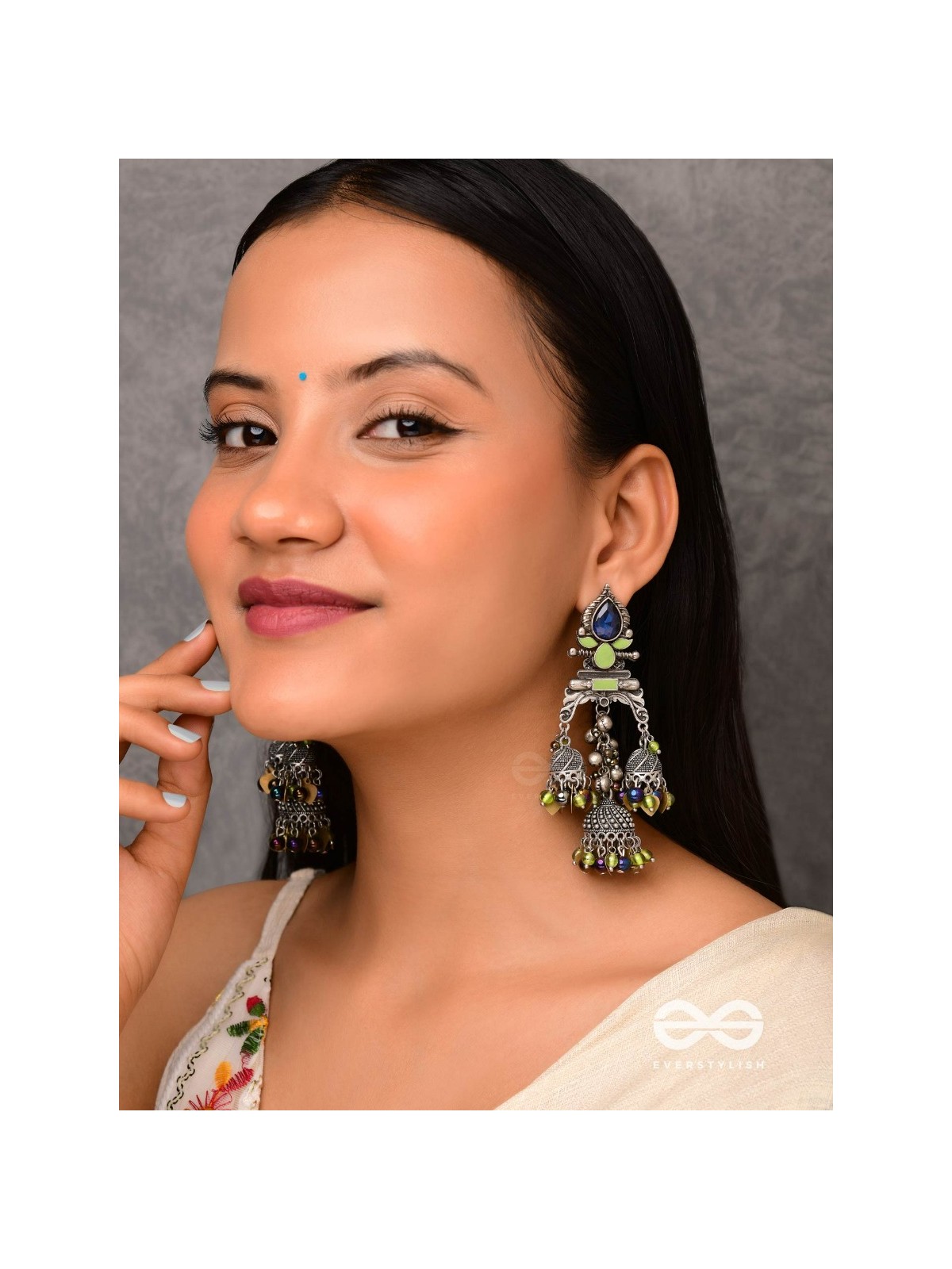 The Peacock Hues - Stone And Beads Enamelled Oxidised Earrings