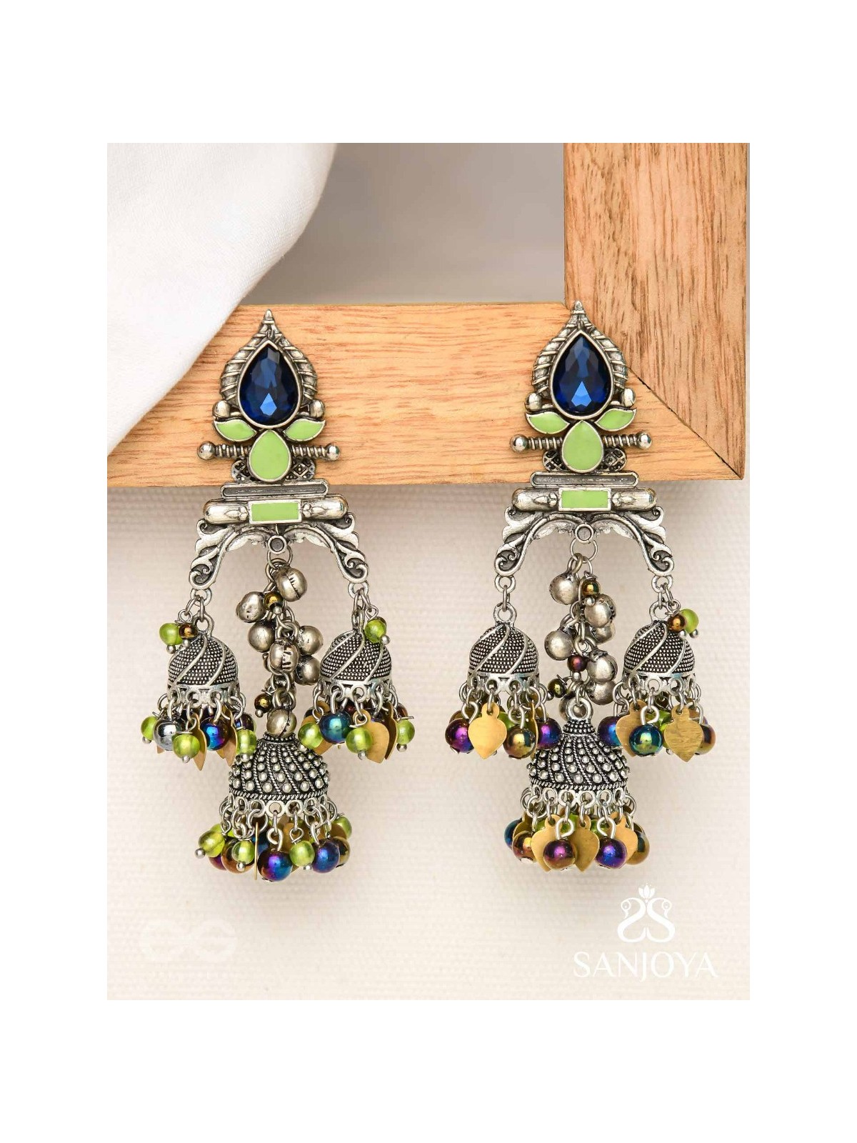The Peacock Hues - Stone And Beads Enamelled Oxidised Earrings