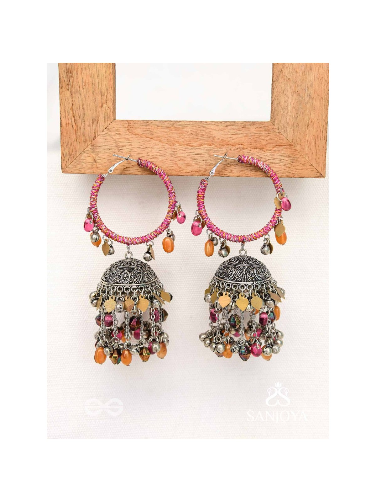 Stotavya - The Mira Chants- Beads, Resham And Glass Drops Oxidised Jhumka Earrings