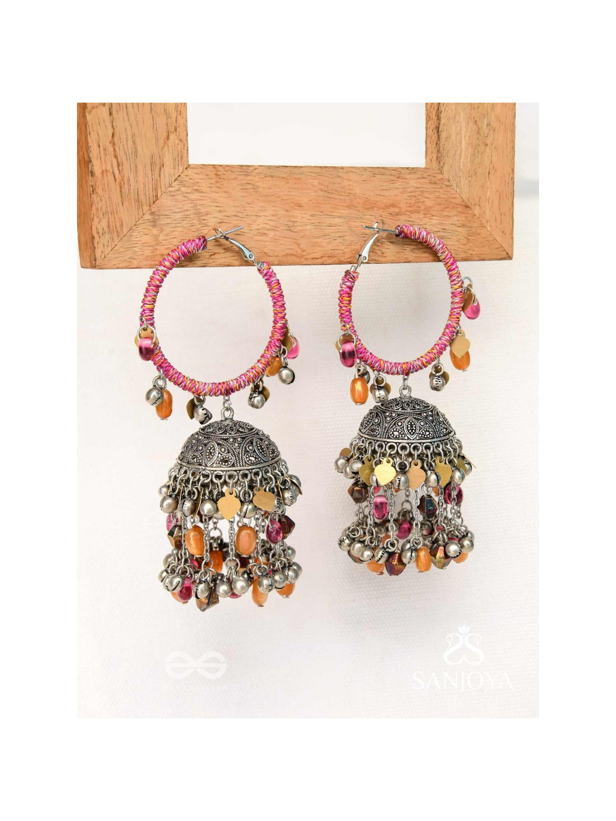 Stotavya - The Mira Chants- Beads, Resham And Glass Drops Oxidised Jhumka Earrings