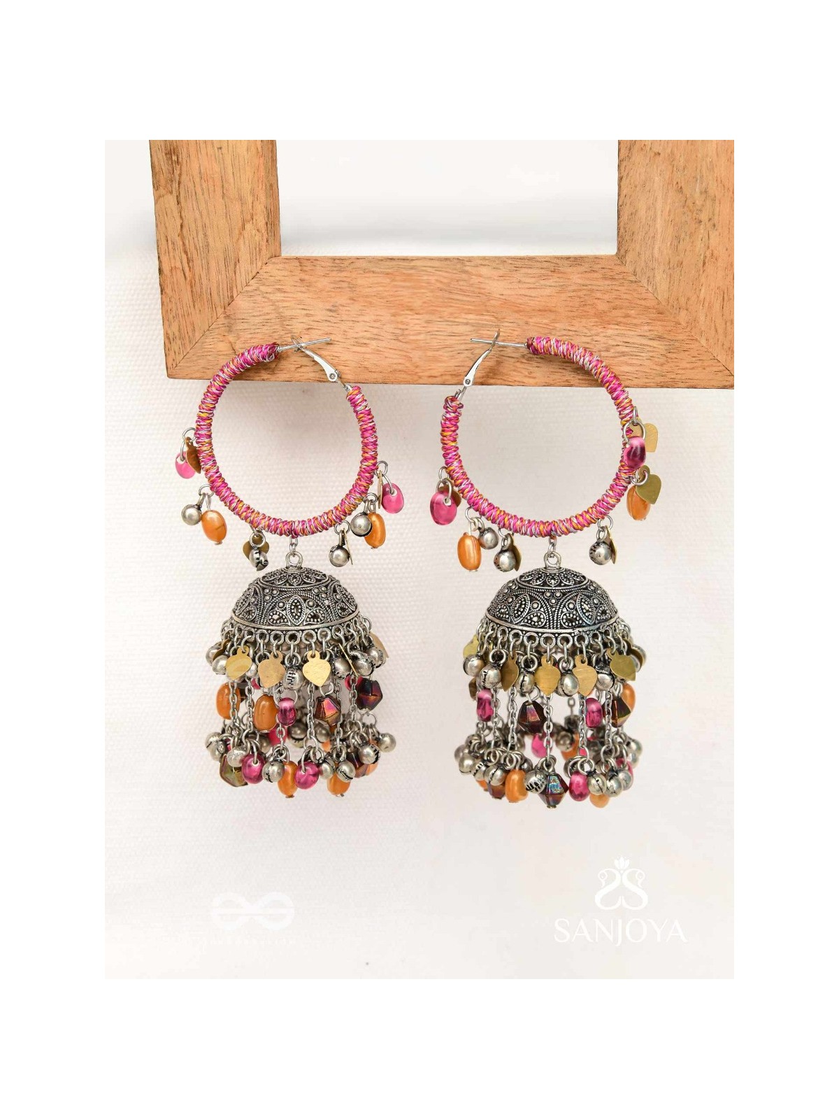 Stotavya - The Mira Chants- Beads, Resham And Glass Drops Oxidised Jhumka Earrings