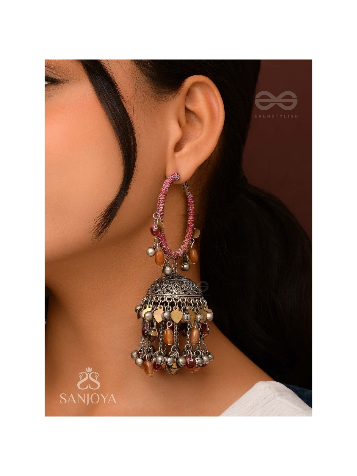 Stotavya - The Mira Chants- Beads, Resham And Glass Drops Oxidised Jhumka Earrings