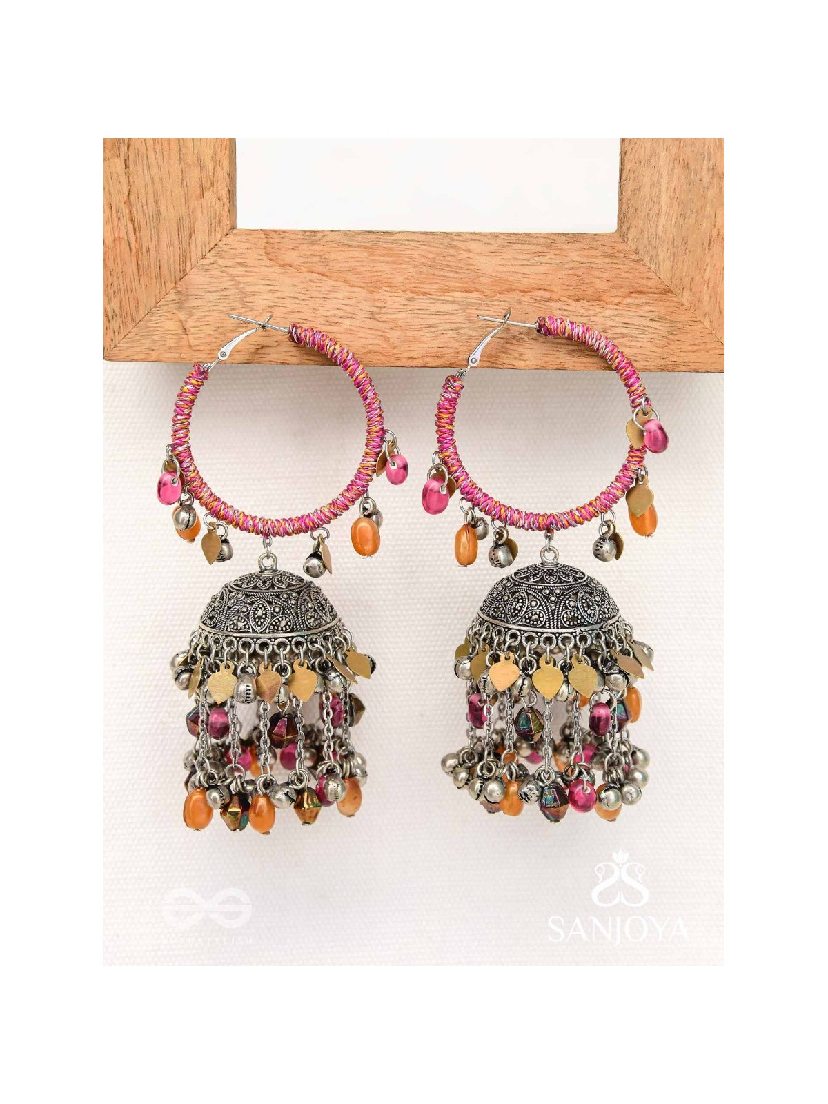 Stotavya - The Mira Chants- Beads, Resham And Glass Drops Oxidised Jhumka Earrings
