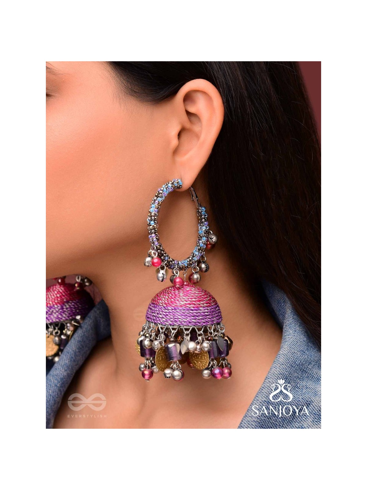 Dvibhat - The Twilight Tinkles - Resham, Coins And Beads Hand Embroidered Oxidised Jhumka Earrings