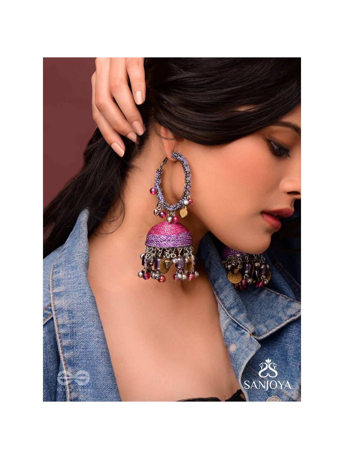 Dvibhat - The Twilight Tinkles - Resham, Coins And Beads Hand Embroidered Oxidised Jhumka Earrings
