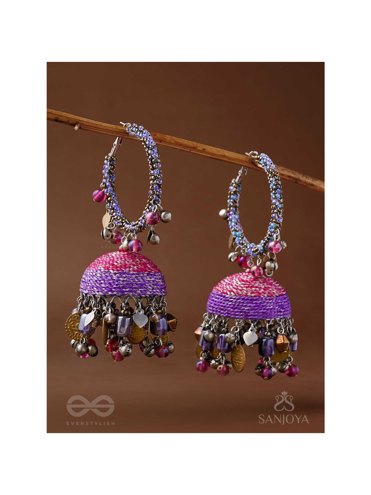 Dvibhat - The Twilight Tinkles - Resham, Coins And Beads Hand Embroidered Oxidised Jhumka Earrings