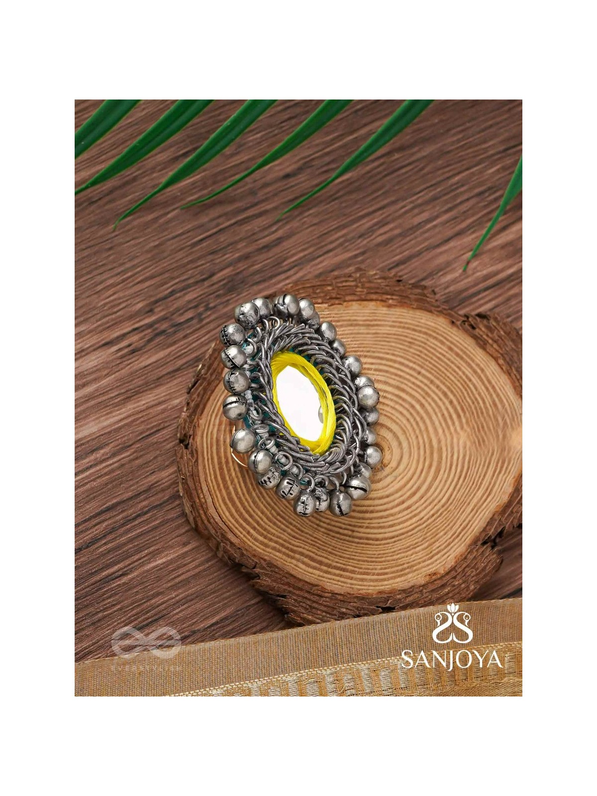 Patangah - Music Of Sunshine - Mirror, Resham And Beads Hand Embroidered Oxidised Ring