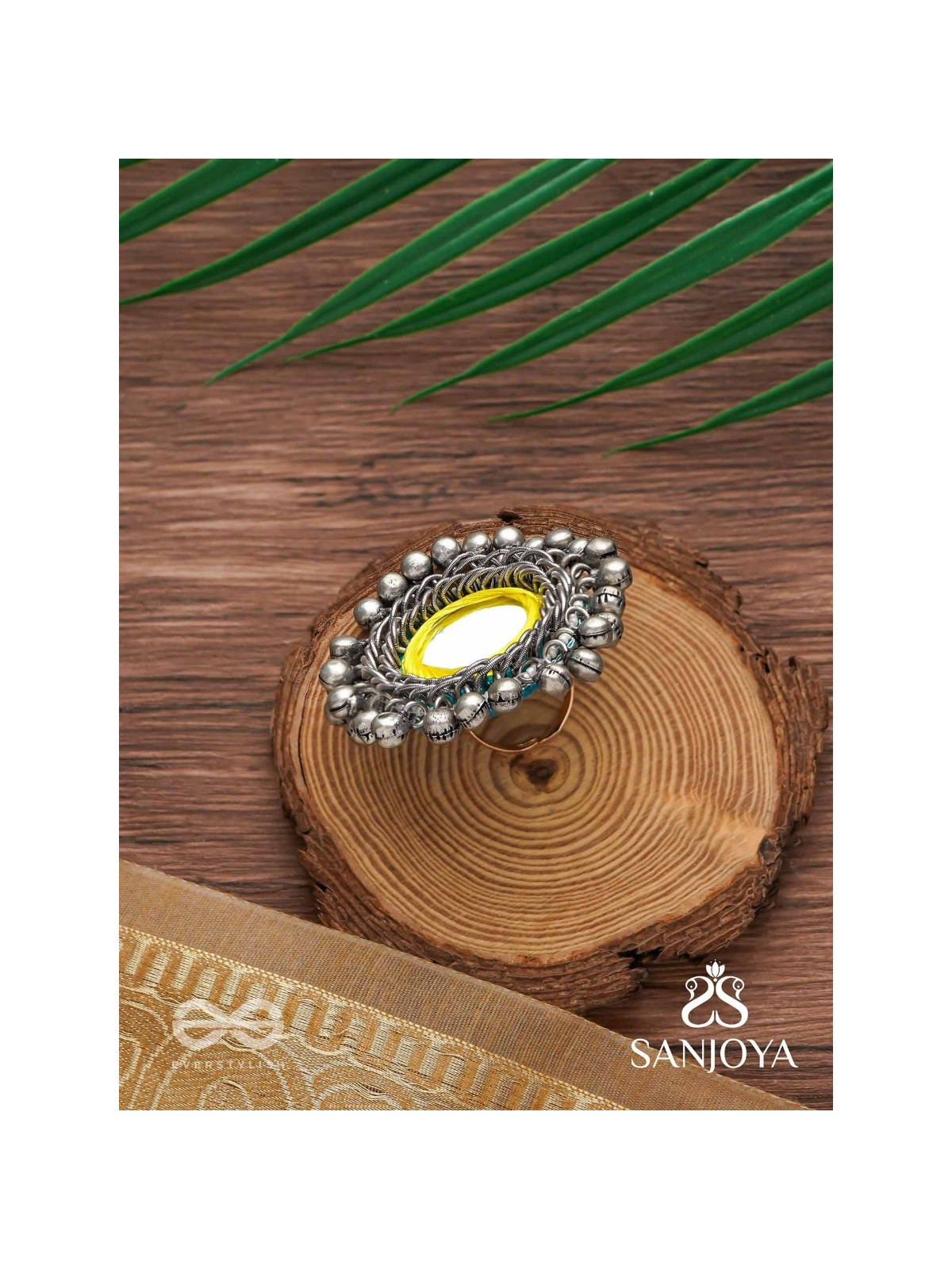 Patangah - Music Of Sunshine - Mirror, Resham And Beads Hand Embroidered Oxidised Ring