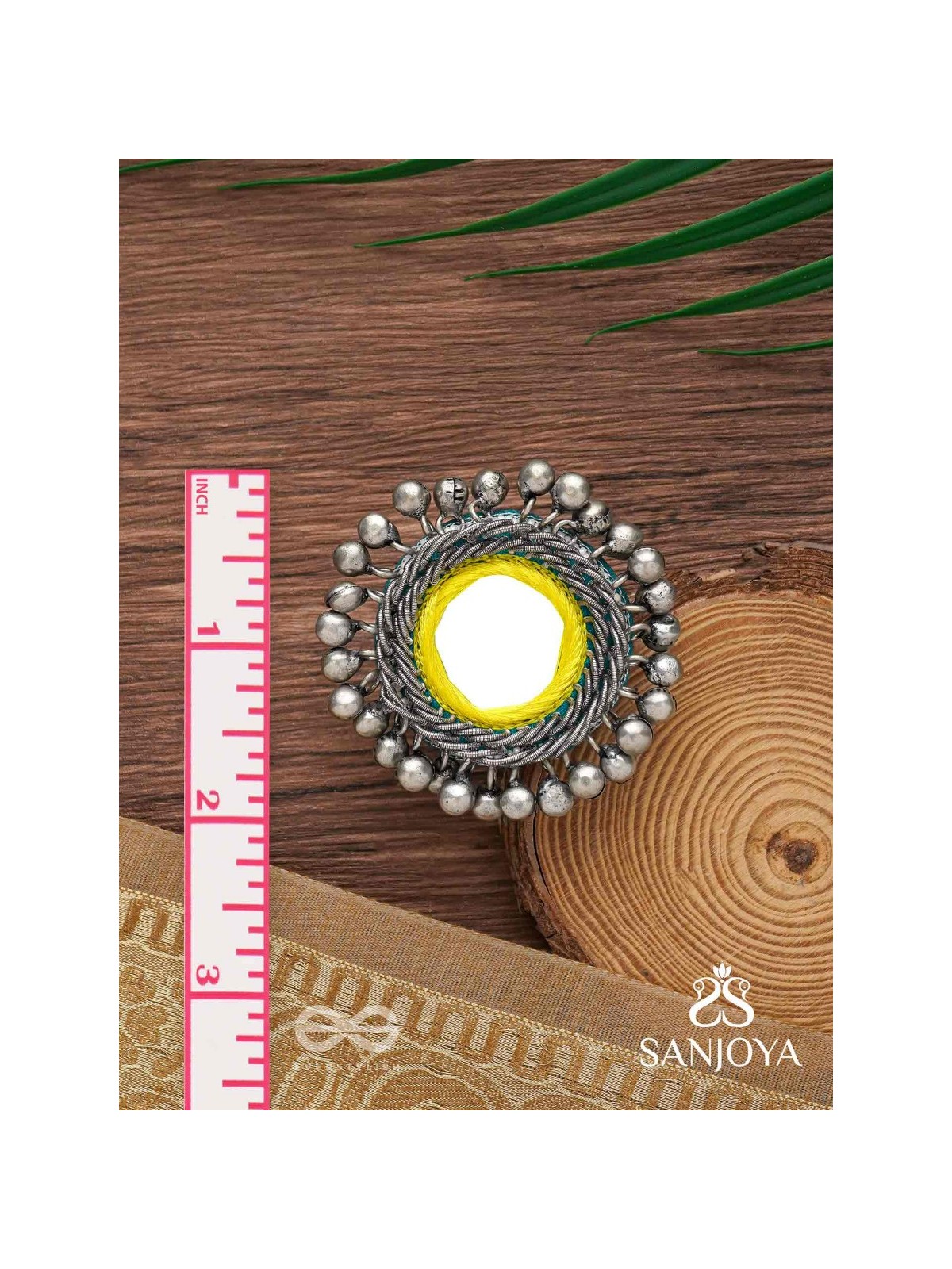 Patangah - Music Of Sunshine - Mirror, Resham And Beads Hand Embroidered Oxidised Ring