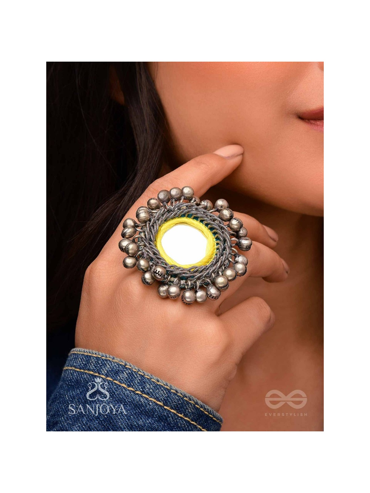 Patangah - Music Of Sunshine - Mirror, Resham And Beads Hand Embroidered Oxidised Ring