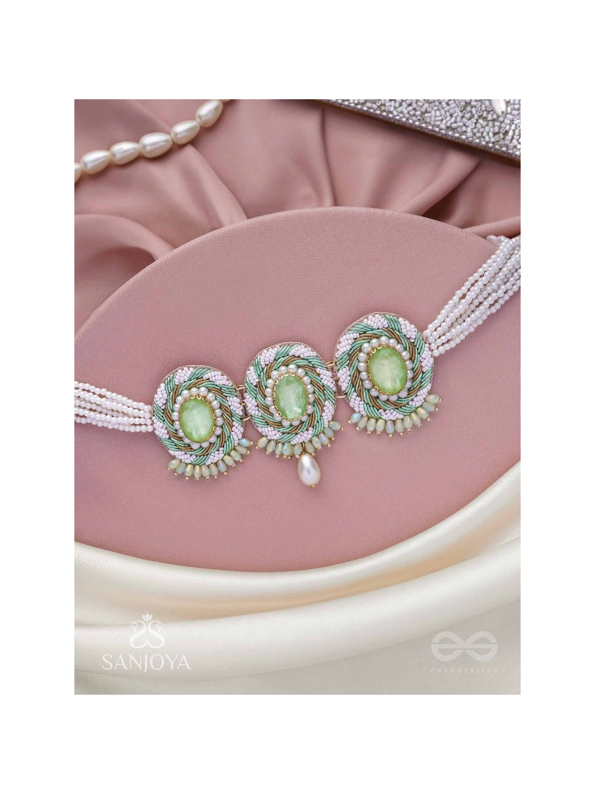 Tankasala - Frosted Fern - Stones And Pearls Hand Embroidered Neckpiece