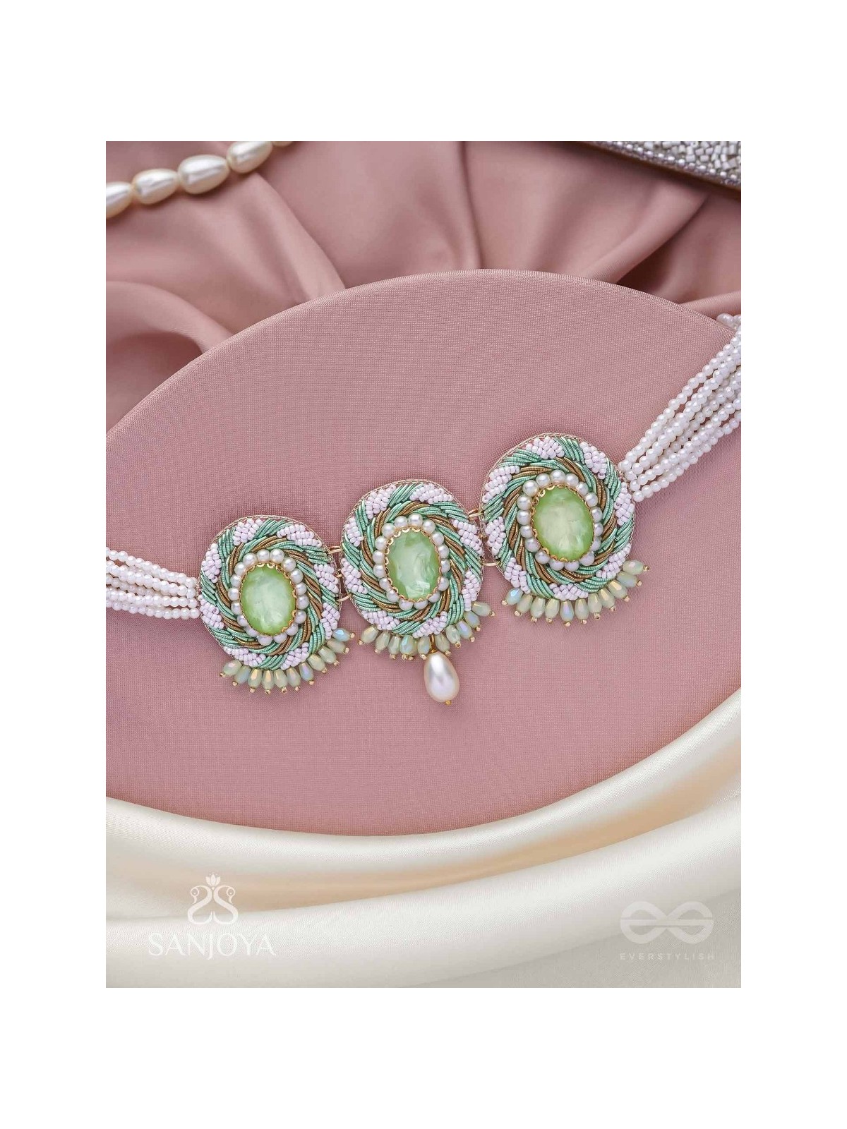 Tankasala - Frosted Fern - Stones And Pearls Hand Embroidered Neckpiece