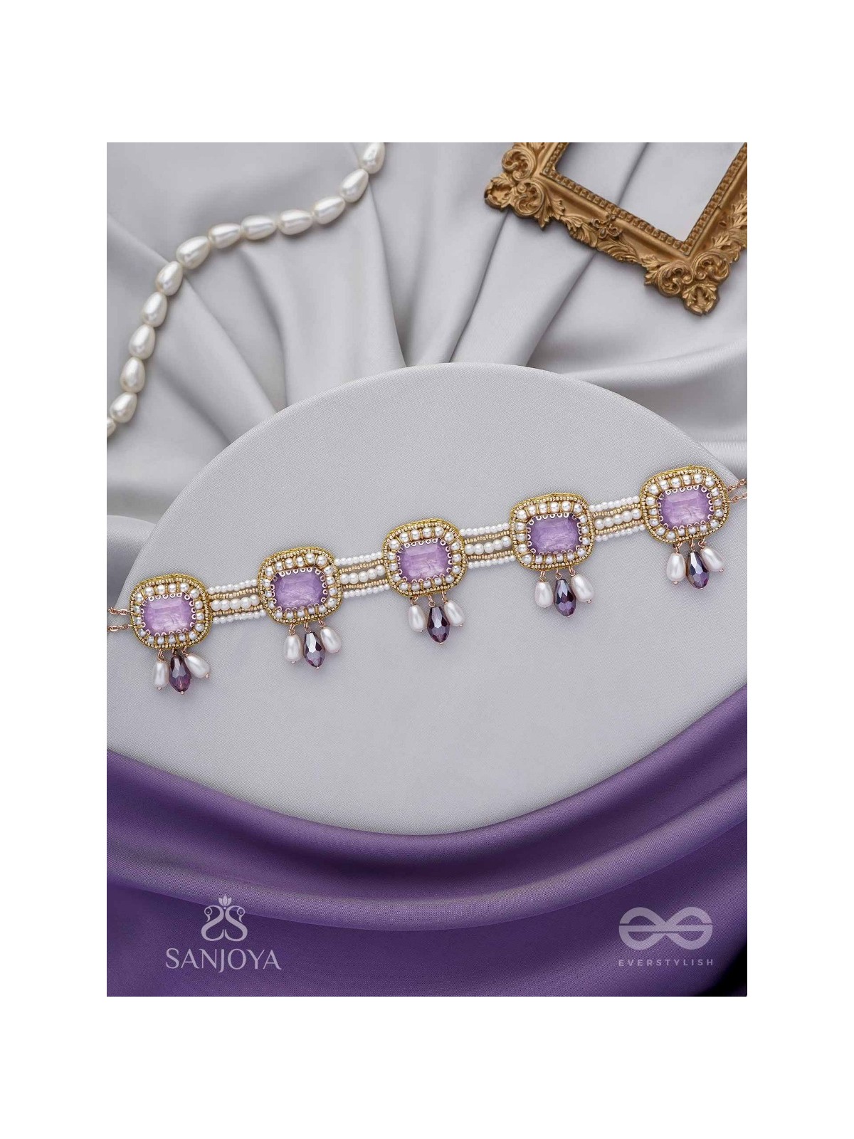 Sushtri- The Chaste Affection - Stones, Beads, Glass And Pearl Drops Hand Embroidered Choker Neckpiece