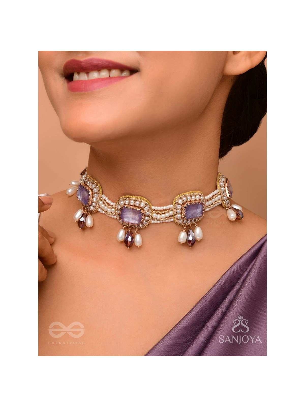 Sushtri- The Chaste Affection - Stones, Beads, Glass And Pearl Drops Hand Embroidered Choker Neckpiece