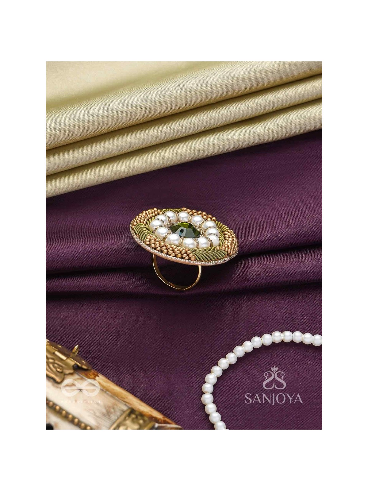 Aranyaja - Born In Forest - Beads And Stone Hand Embroidered Ring (Adjustable)