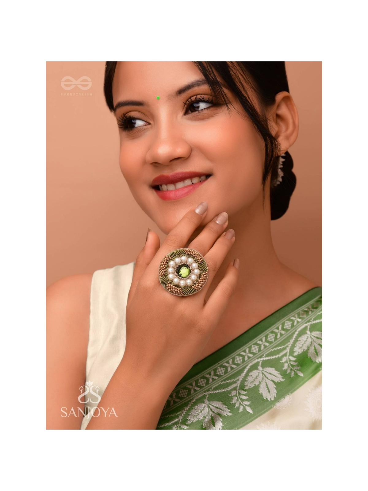 Aranyaja - Born In Forest - Beads And Stone Hand Embroidered Ring (Adjustable)