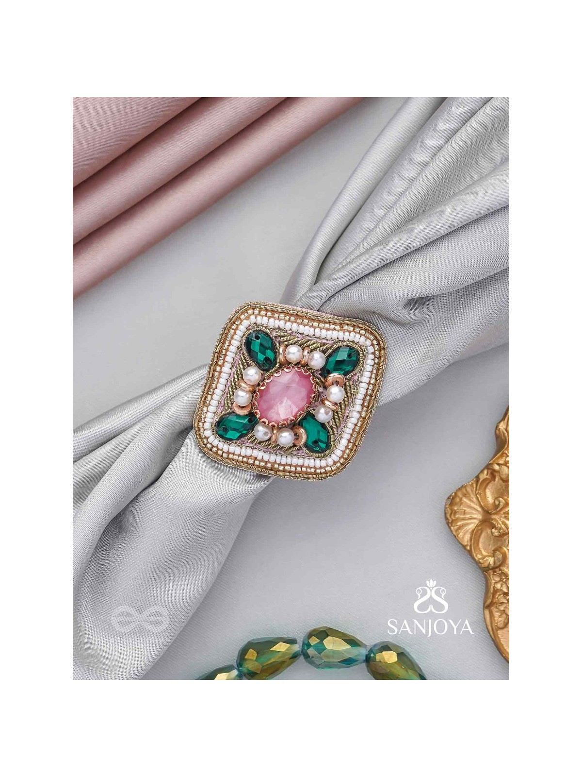 Naimisa - Blooms In Forest - Stones, Beads And Dabka Hand Embroidered Ring (Adjustable)