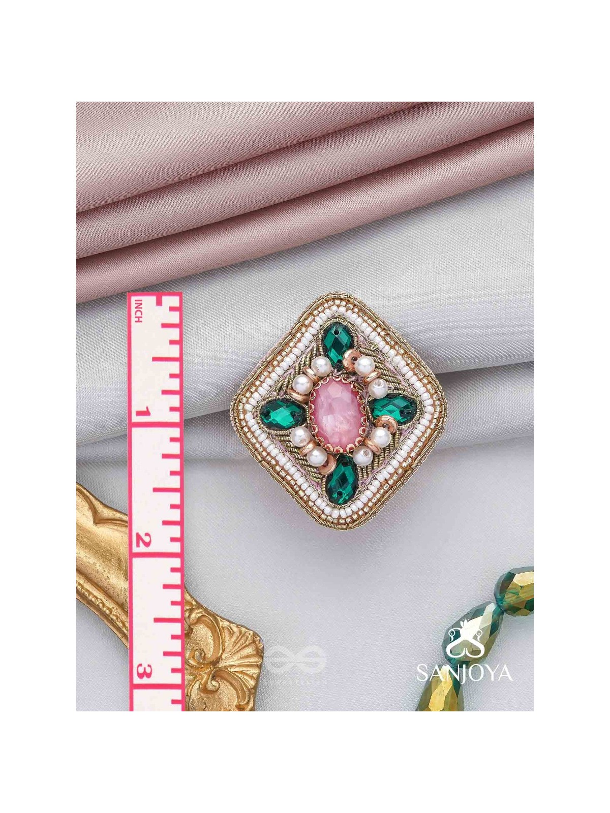 Naimisa - Blooms In Forest - Stones, Beads And Dabka Hand Embroidered Ring (Adjustable)